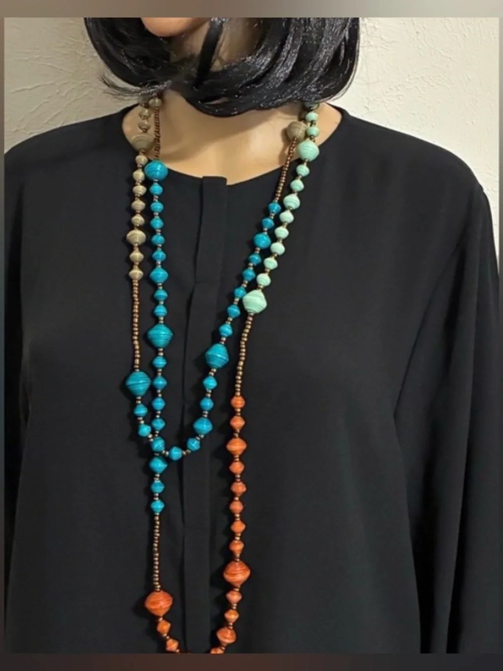 BoHo multi-wear paper bead Satoir 72” necklace can be doubled or tripled